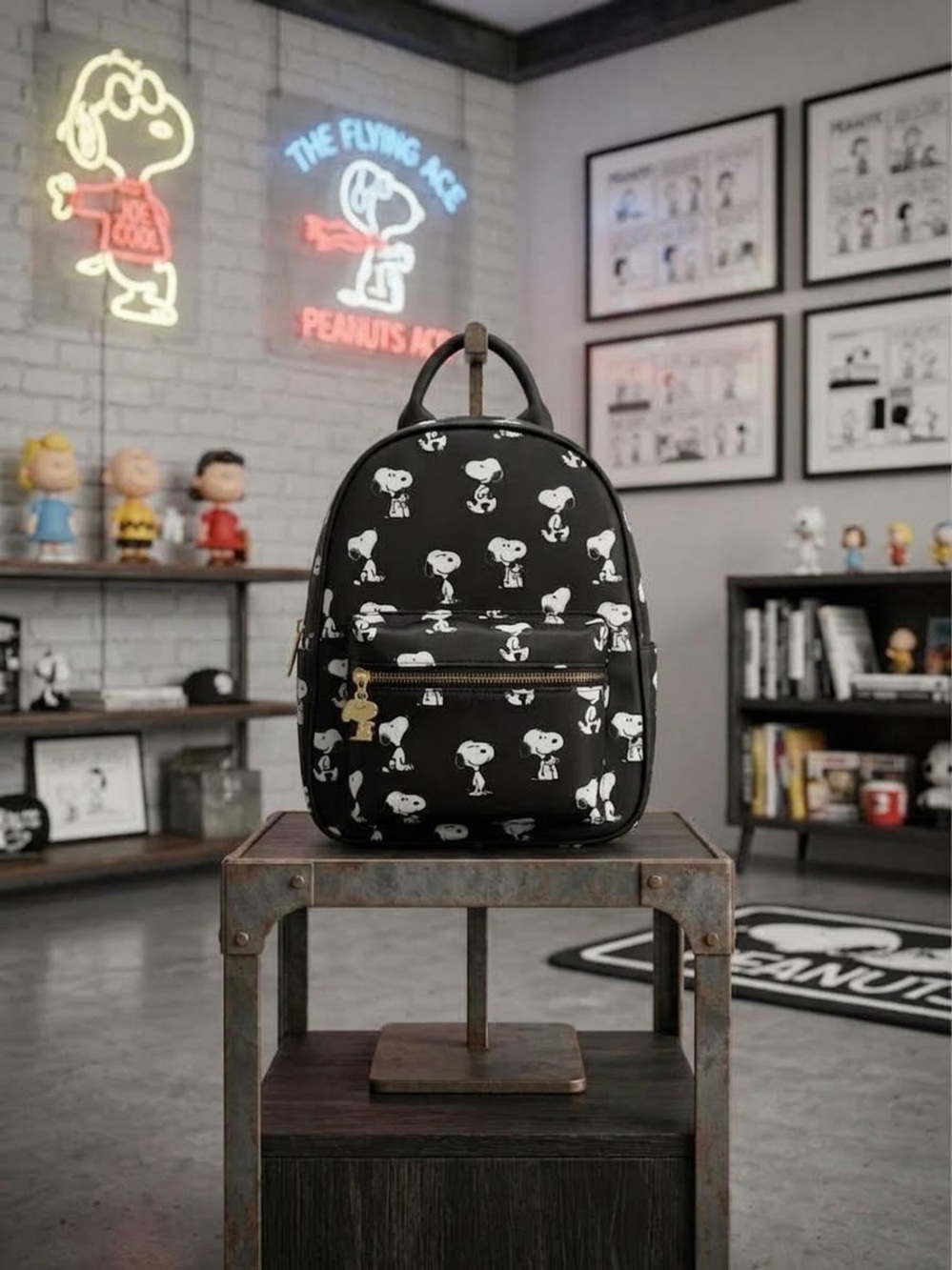 Black Snoopy Print Mini Backpack